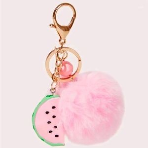 New✨ Pink Faux Fur & Ball Watermelon Keychain 🍉